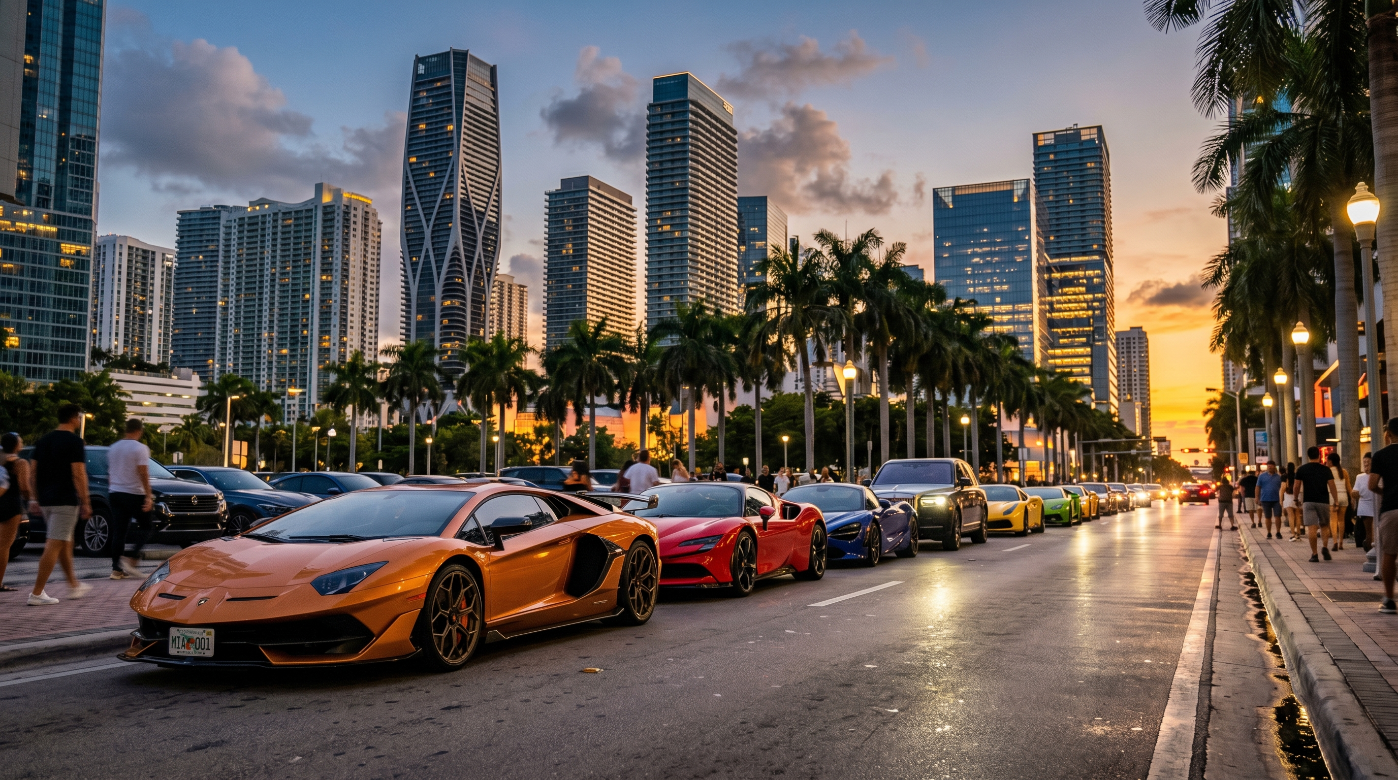 Row of exotic supercars Lamborghini Ferrari McLaren Rolls-Royce lined up on a Miami Brickell street at golden hour, dramatic wide-angle shot
