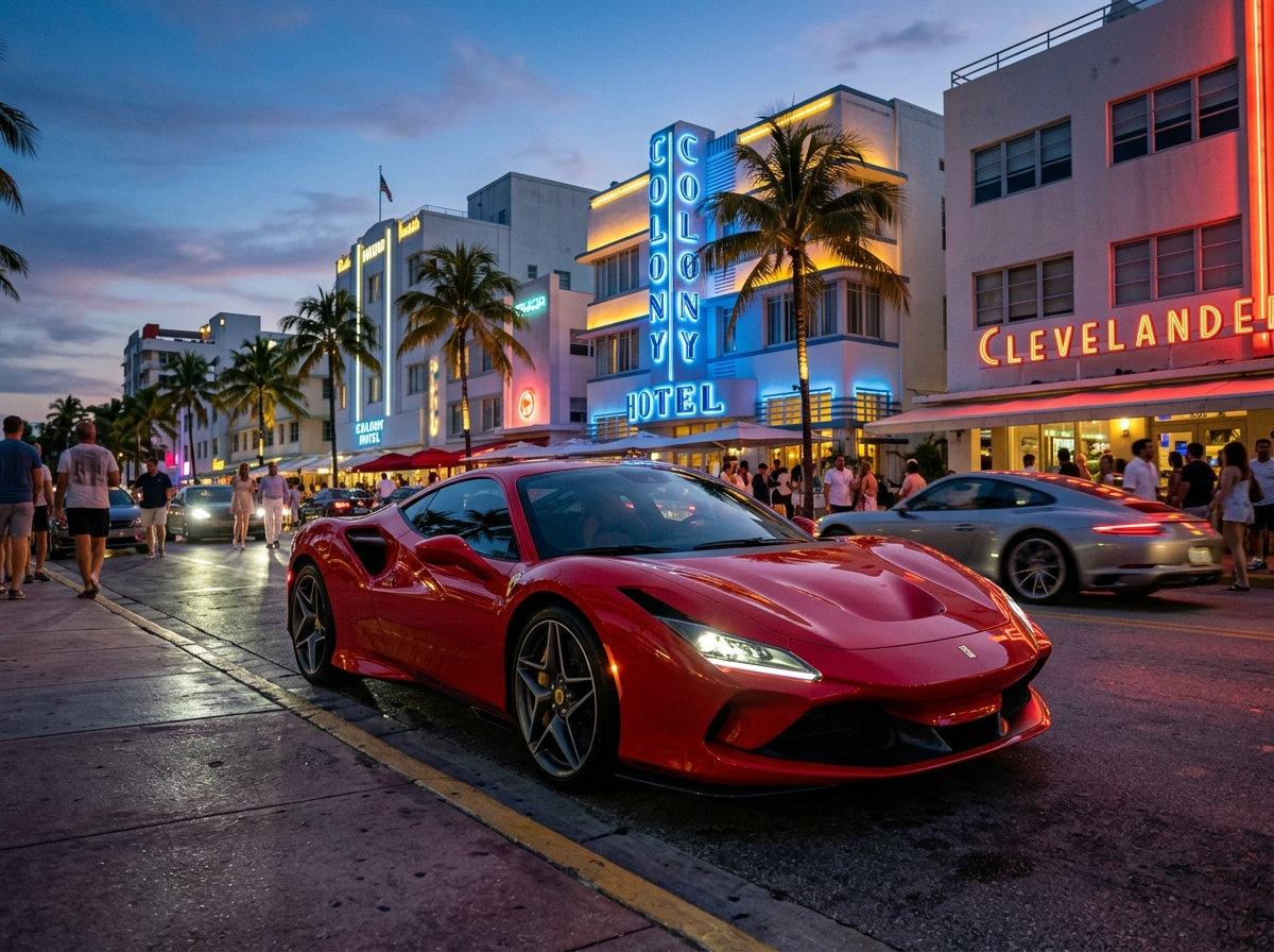 2023 Ferrari F8 Tributo red exotic supercar parked on Miami Ocean Drive, dramatic low angle