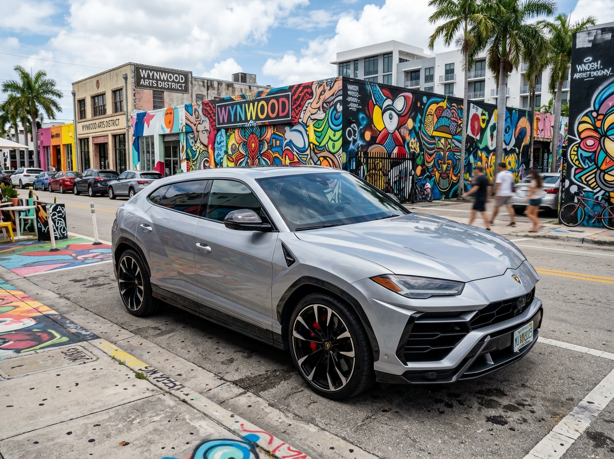 2025 Lamborghini Urus SE luxury SUV silver grey in Miami Wynwood art district