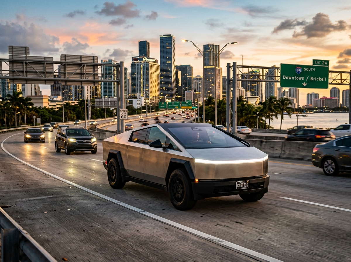 2024 Tesla Cybertruck AWD electric pickup truck on Miami expressway, futuristic stainless steel exterior