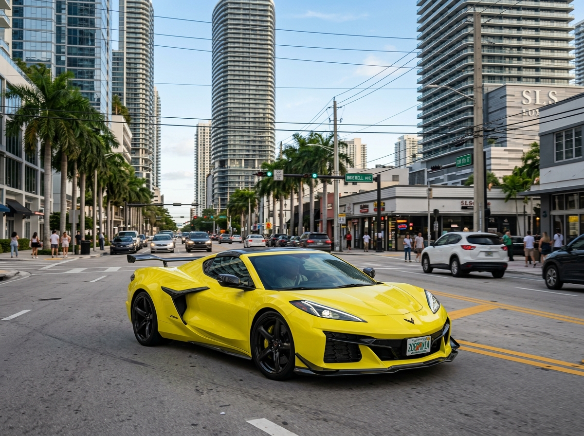 2024 Chevrolet Corvette Z06 yellow sports car on Miami Brickell street, wide body aggressive stance